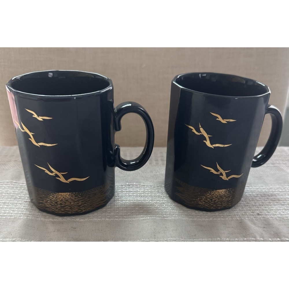 Set of 2 Vintage Otagiri Mug Blue/Gold-Made In Japan-Seagulls Over Ocean-Tea